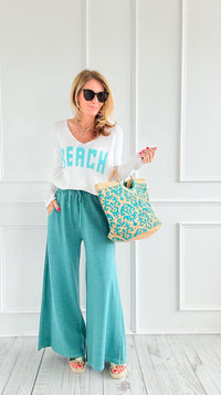French Terry Pigment-Dyed Pants - Turquoise-170 Bottoms-Zenana-Coastal Bloom Boutique, find the trendiest versions of the popular styles and looks Located in Indialantic, FL