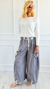 Wide-Leg Drawstring Cotton Pants -Blue Grey-170 Bottoms-Blue Velvet-Coastal Bloom Boutique, find the trendiest versions of the popular styles and looks Located in Indialantic, FL