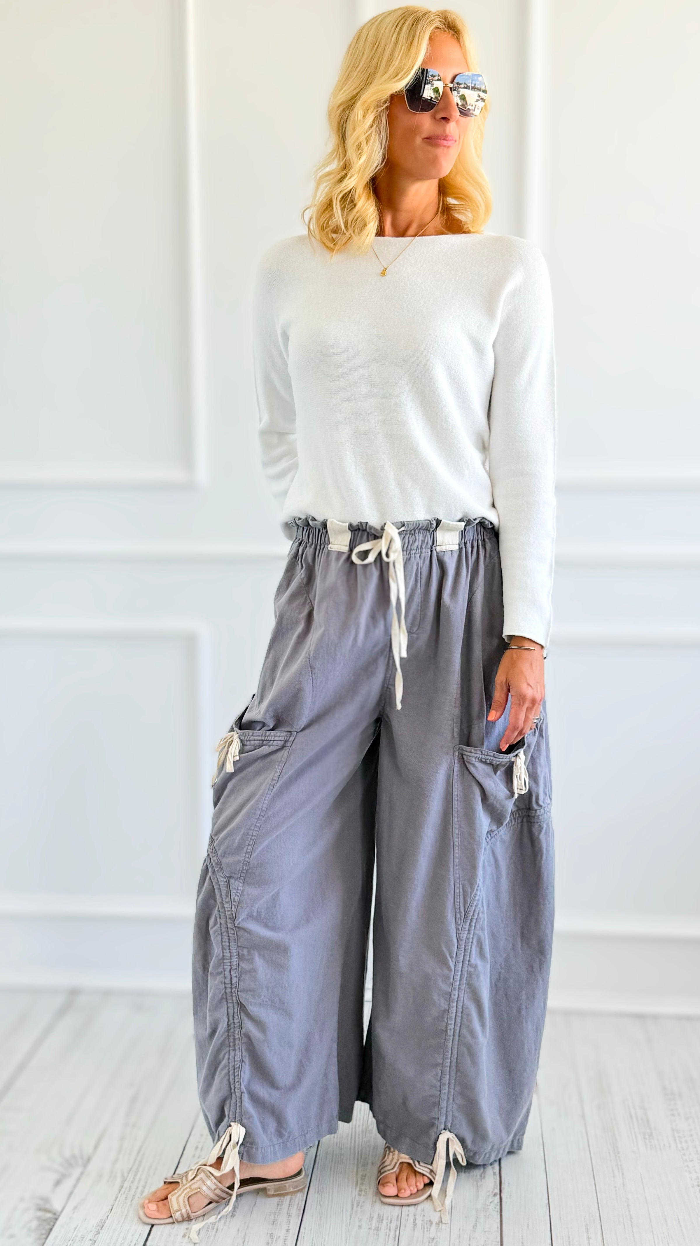 Wide-Leg Drawstring Cotton Pants -Blue Grey-170 Bottoms-Blue Velvet-Coastal Bloom Boutique, find the trendiest versions of the popular styles and looks Located in Indialantic, FL