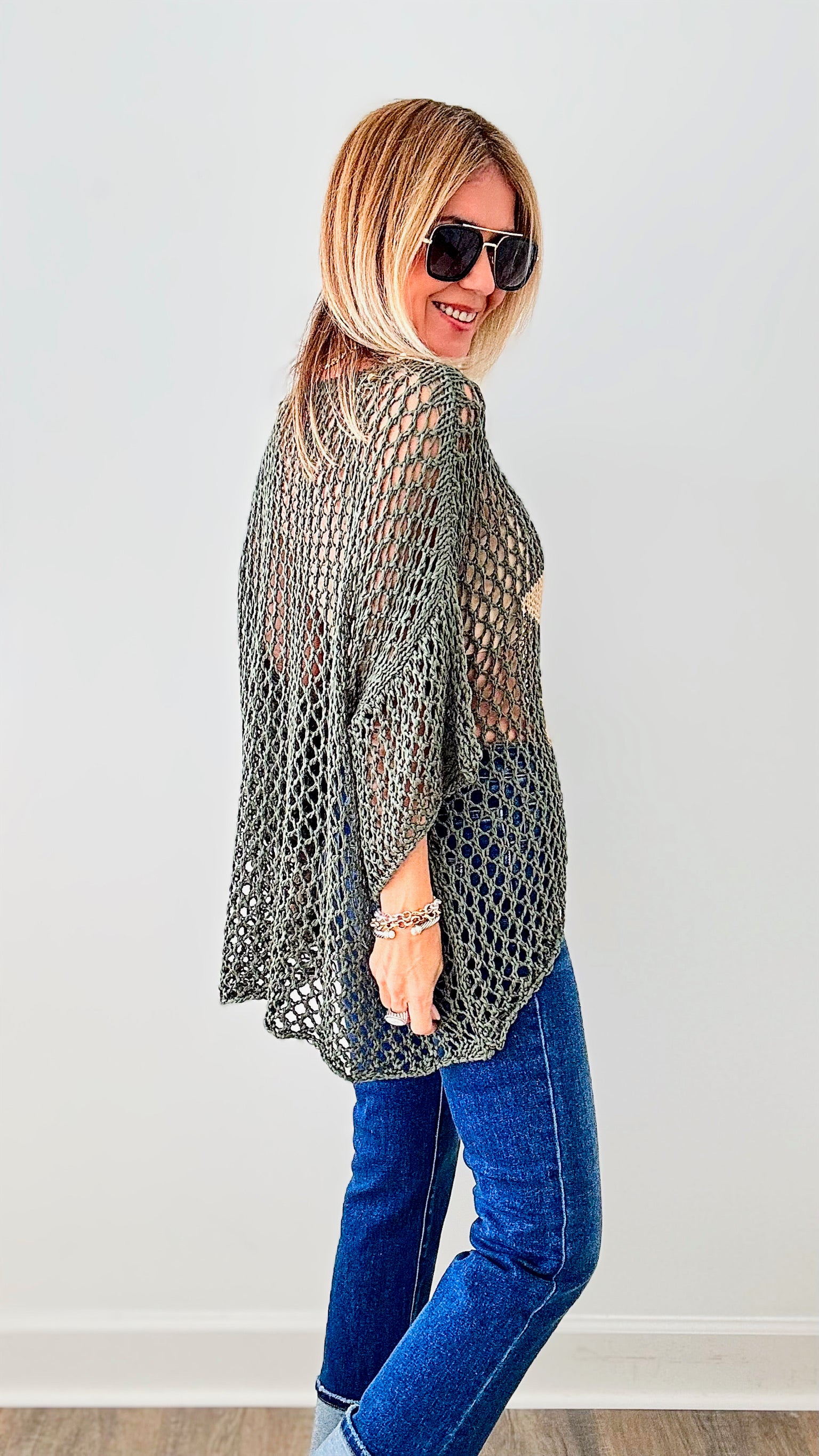 Metallic Star Italian Chain Sweater - Army Green/Gold-140 Sweaters-Germany-Coastal Bloom Boutique, find the trendiest versions of the popular styles and looks Located in Indialantic, FL