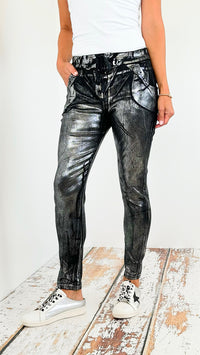 Shine-On Glistening Italian Joggers - Black/ Silver-pants-Italianissimo-Coastal Bloom Boutique, find the trendiest versions of the popular styles and looks Located in Indialantic, FL