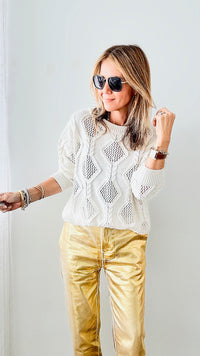 Cable Knit Pointelle Sweater - Ivory-140 Sweaters-BIBI-Coastal Bloom Boutique, find the trendiest versions of the popular styles and looks Located in Indialantic, FL
