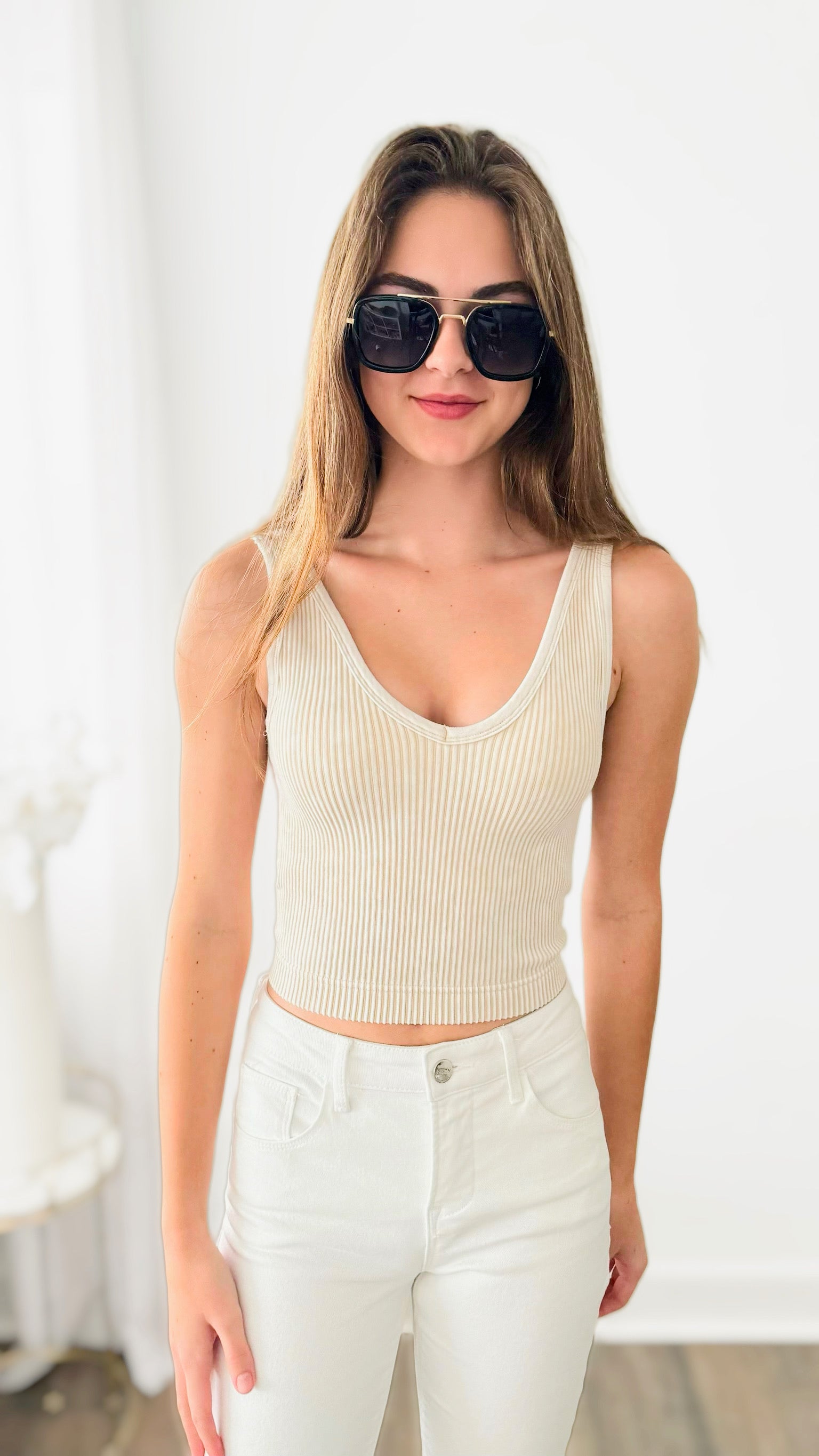 Washed Ribbed Bra Padded Tank Top - Sand Beige-220 Intimates-Zenana-Coastal Bloom Boutique, find the trendiest versions of the popular styles and looks Located in Indialantic, FL