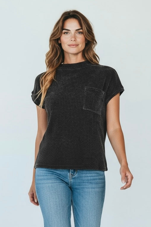 Everyday Waffle Knit Top - Black-110 Short Sleeve Tops-Zenana-Coastal Bloom Boutique, find the trendiest versions of the popular styles and looks Located in Indialantic, FL