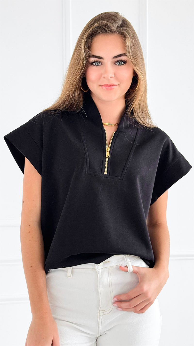 Zip-Up Scuba Short Sleeve Sweatshirt - Black-110 Short Sleeve Tops-BucketList-Coastal Bloom Boutique, find the trendiest versions of the popular styles and looks Located in Indialantic, FL