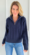 Knit Zipper Sweater - Navy-140 Sweaters-English Factory-Coastal Bloom Boutique, find the trendiest versions of the popular styles and looks Located in Indialantic, FL