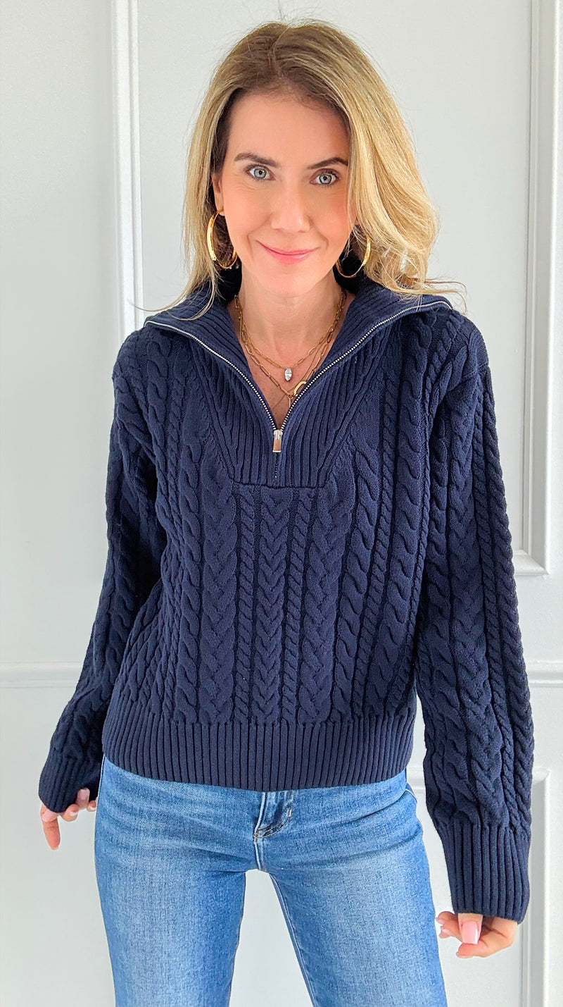 Knit Zipper Sweater - Navy-140 Sweaters-English Factory-Coastal Bloom Boutique, find the trendiest versions of the popular styles and looks Located in Indialantic, FL