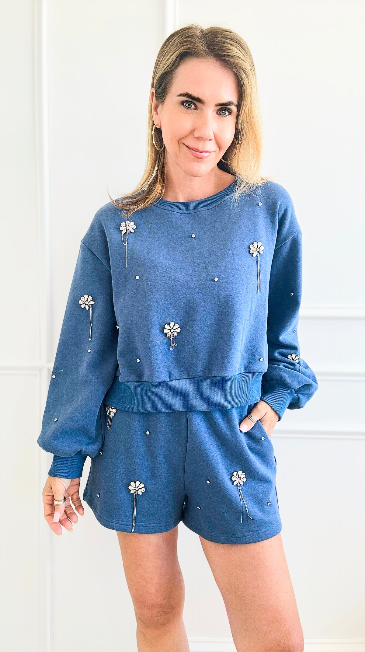 Rhinestone Flower Cropped Set-130 Long Sleeve Tops-Main Strip-Coastal Bloom Boutique, find the trendiest versions of the popular styles and looks Located in Indialantic, FL