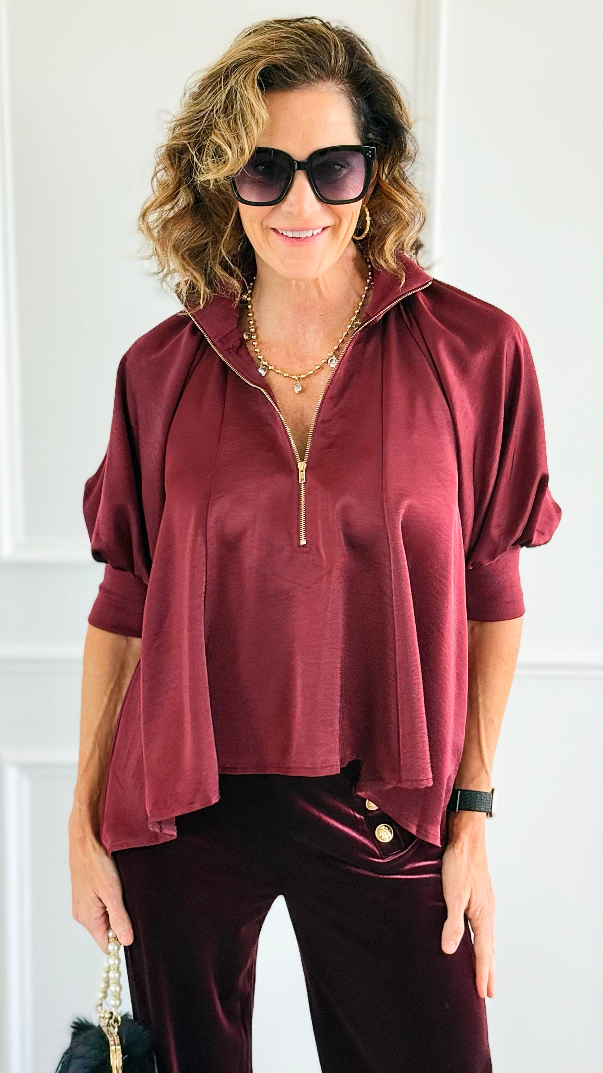 Champagne Whisper Satin Top - Burgundy-110 short Sleeve Top-GLAM-Coastal Bloom Boutique, find the trendiest versions of the popular styles and looks Located in Indialantic, FL