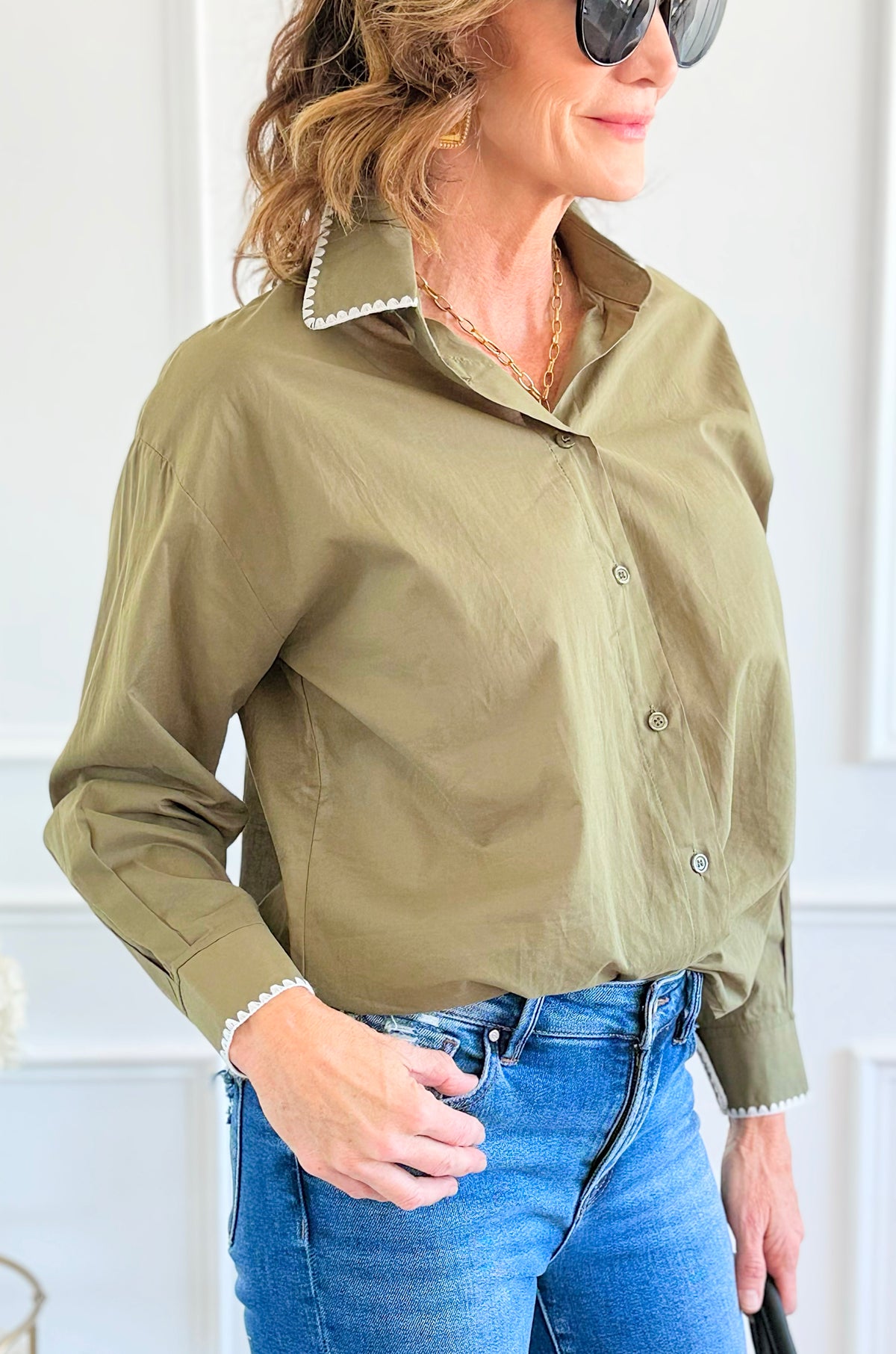 Delicate Edge Embroidered Blouse- Olive-170 Bottoms-V SKY-Coastal Bloom Boutique, find the trendiest versions of the popular styles and looks Located in Indialantic, FL