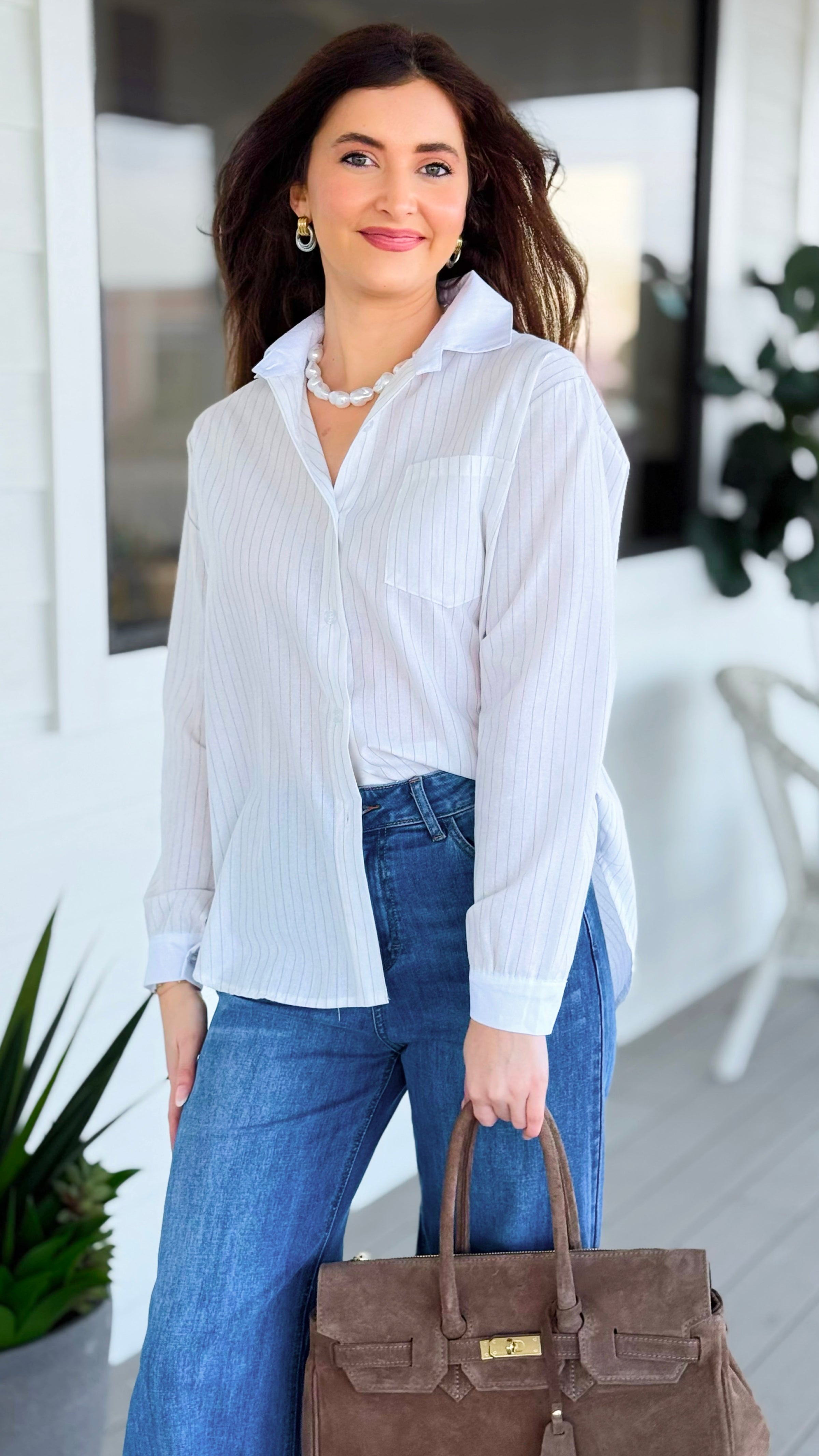 Perfectly Striped Italian Button Top- White/Beige