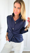 Wrapped Button Up Blouse - Navy-130 Long Sleeve Tops-Gretchen Scott-Coastal Bloom Boutique, find the trendiest versions of the popular styles and looks Located in Indialantic, FL