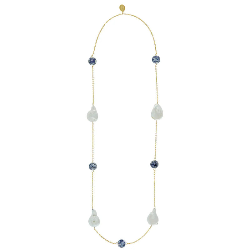 Gold Blue & White Porcelain and Coin Pearls Necklace - Susan Shaw-230 Jewelry-SUSAN SHAW-Coastal Bloom Boutique, find the trendiest versions of the popular styles and looks Located in Indialantic, FL