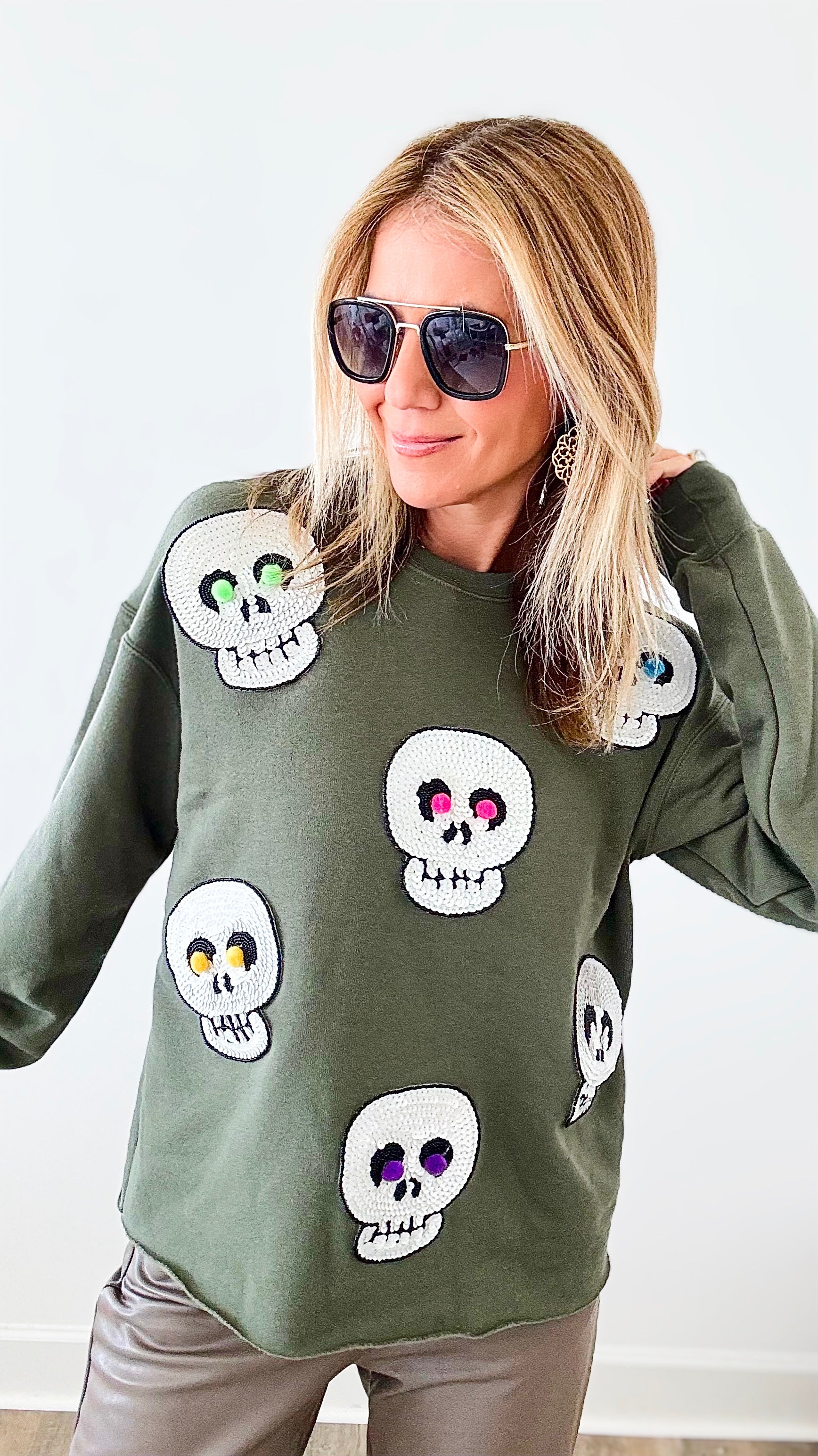 Shimmer Skulls Sweater - Army Green-140 Sweaters-Coastal Bloom-Coastal Bloom Boutique, find the trendiest versions of the popular styles and looks Located in Indialantic, FL