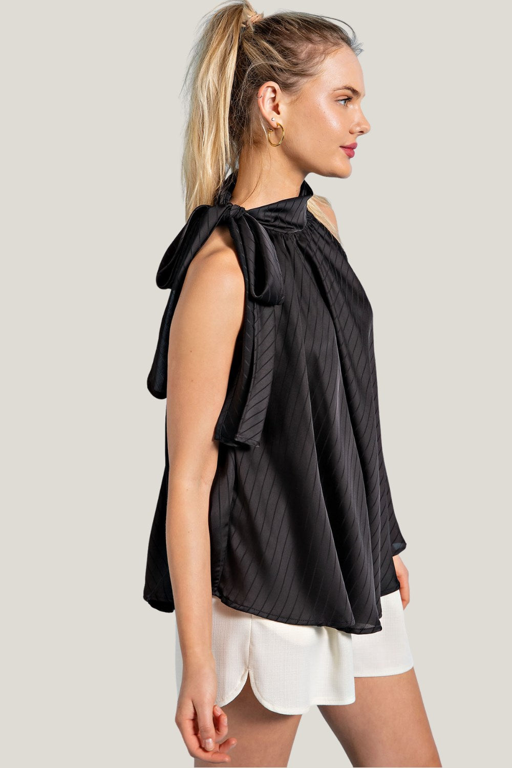 Charming Chiffon Tie Neck Blouse - Black-100 Sleeveless Tops-Glam-Coastal Bloom Boutique, find the trendiest versions of the popular styles and looks Located in Indialantic, FL