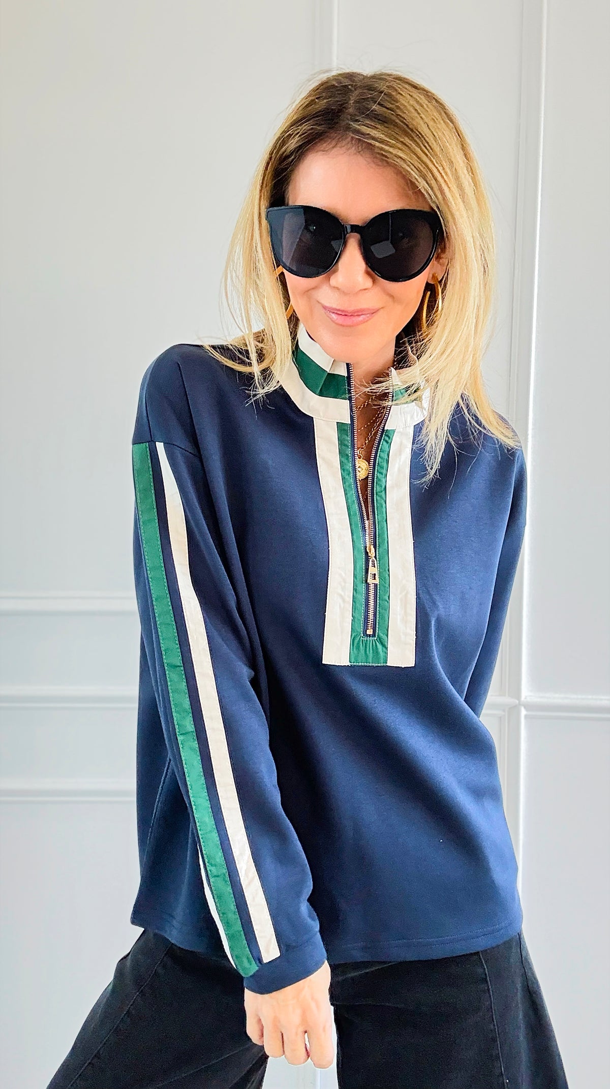 Varsity Vibe Half Zip Sweatshirt - Navy-110 Long Sleeve Tops-JODIFL-Coastal Bloom Boutique, find the trendiest versions of the popular styles and looks Located in Indialantic, FL