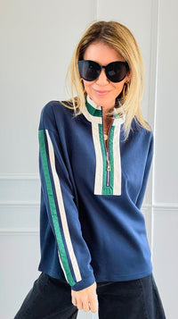 Varsity Vibe Half Zip Sweatshirt - Navy-110 Long Sleeve Tops-JODIFL-Coastal Bloom Boutique, find the trendiest versions of the popular styles and looks Located in Indialantic, FL
