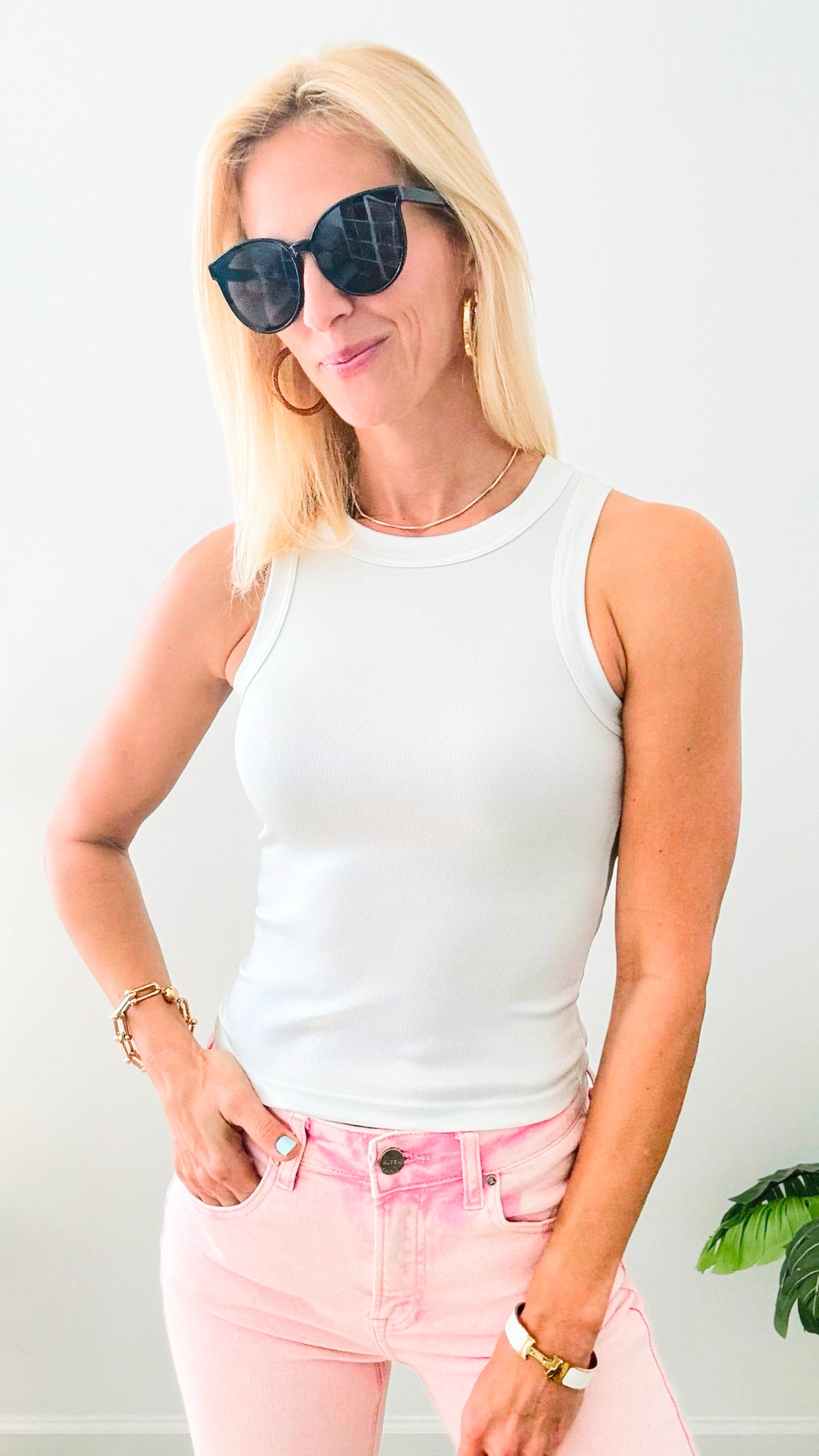 Metallic Coated Ribbed Top - White-100 Sleeveless Tops-Edit By Nine-Coastal Bloom Boutique, find the trendiest versions of the popular styles and looks Located in Indialantic, FL