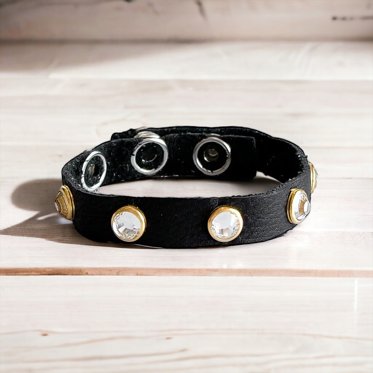 Leather Clear Station Stones Thin Bracelet - Black-230 Jewelry-Charlie Leather-Coastal Bloom Boutique, find the trendiest versions of the popular styles and looks Located in Indialantic, FL