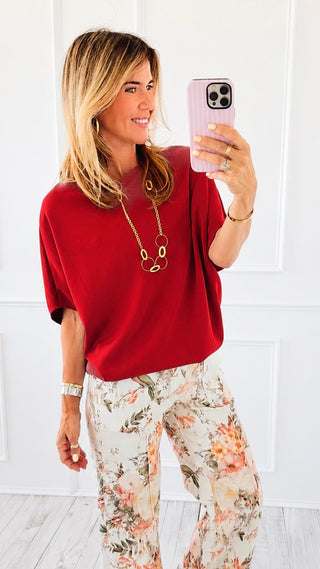 Margo Short Sleeve Scuba Boatneck Top - Crimson