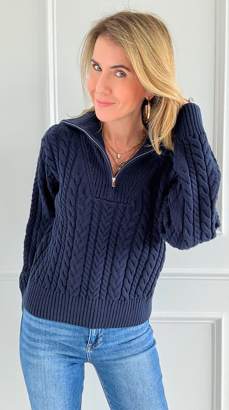 Knit Zipper Sweater - Navy-140 Sweaters-English Factory-Coastal Bloom Boutique, find the trendiest versions of the popular styles and looks Located in Indialantic, FL