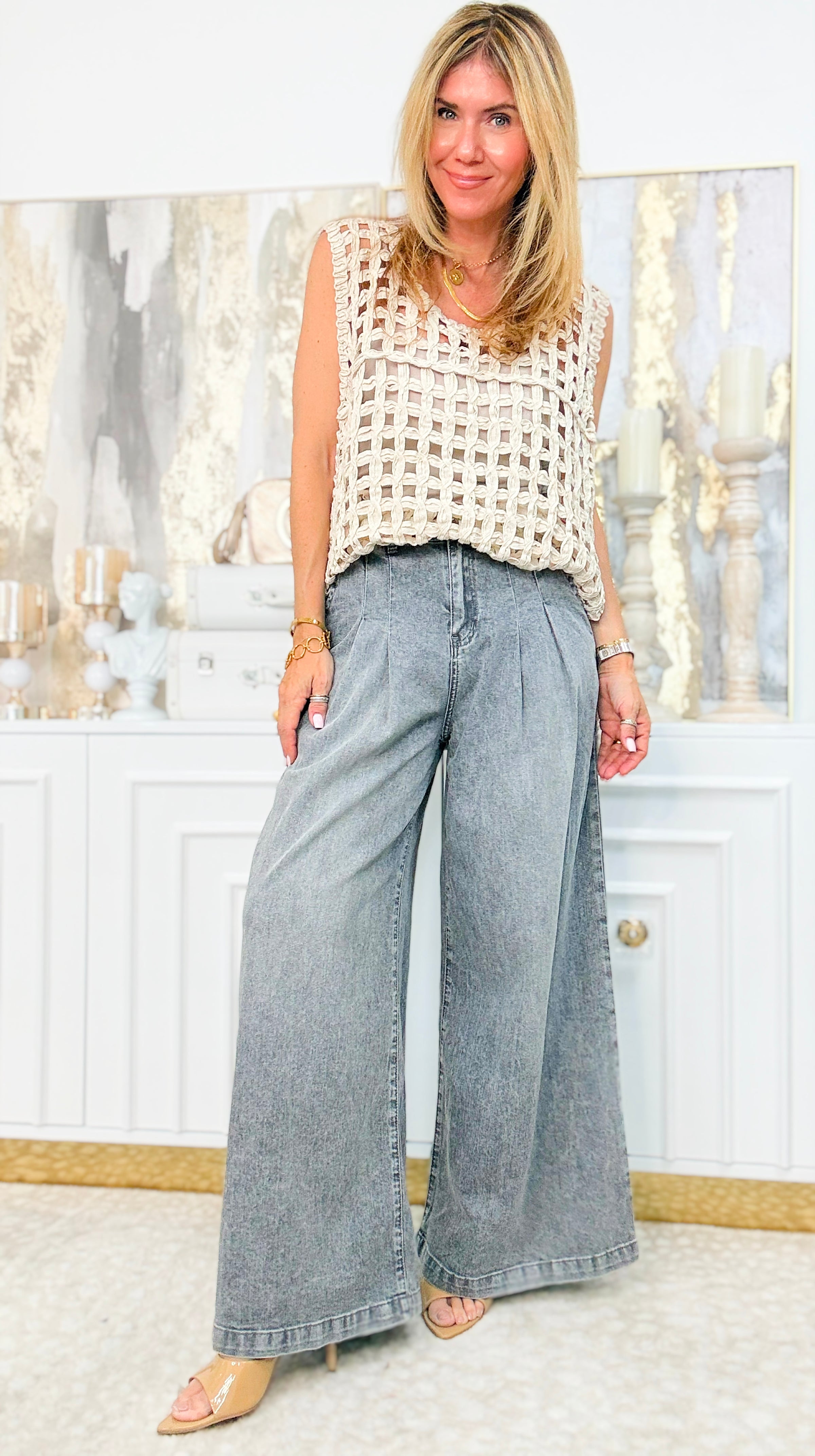 Power Pleat Wide-Leg Jeans