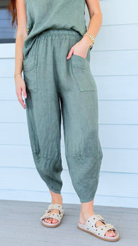 La Spezia Barrel Linen Italian Pant- Olive