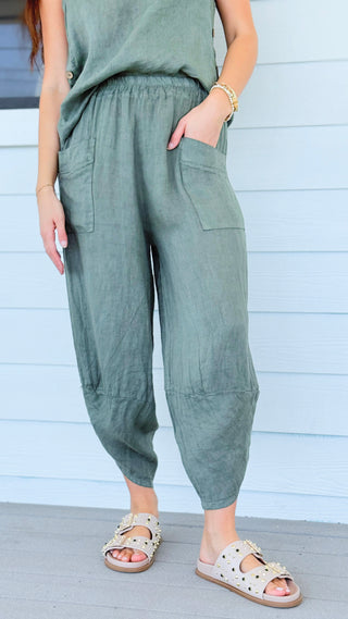 La Spezia Barrel Linen Italian Pant- Olive