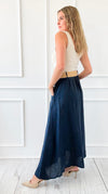 Belted Italian Linen Midi Button Skirt - Navy-170 bottoms-Italianissimo-Coastal Bloom Boutique, find the trendiest versions of the popular styles and looks Located in Indialantic, FL