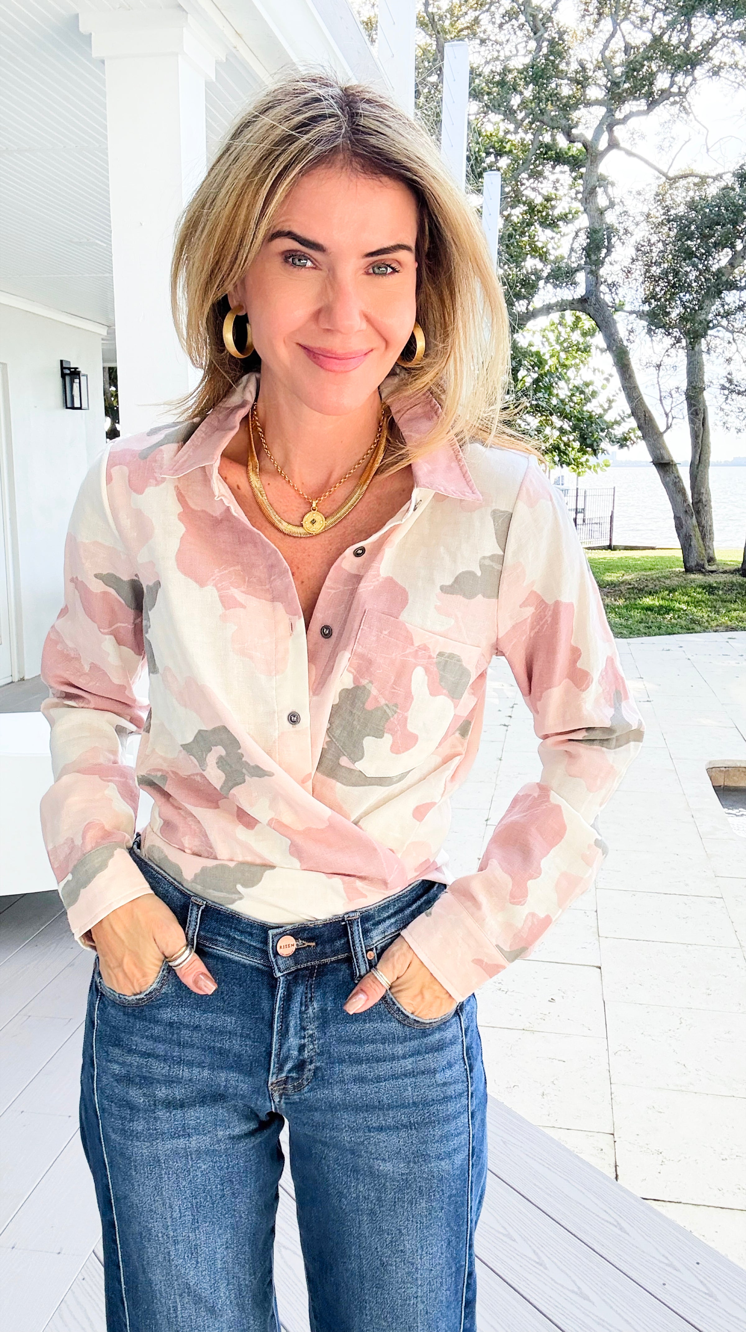 Urban Camo Button Down Top - Rose