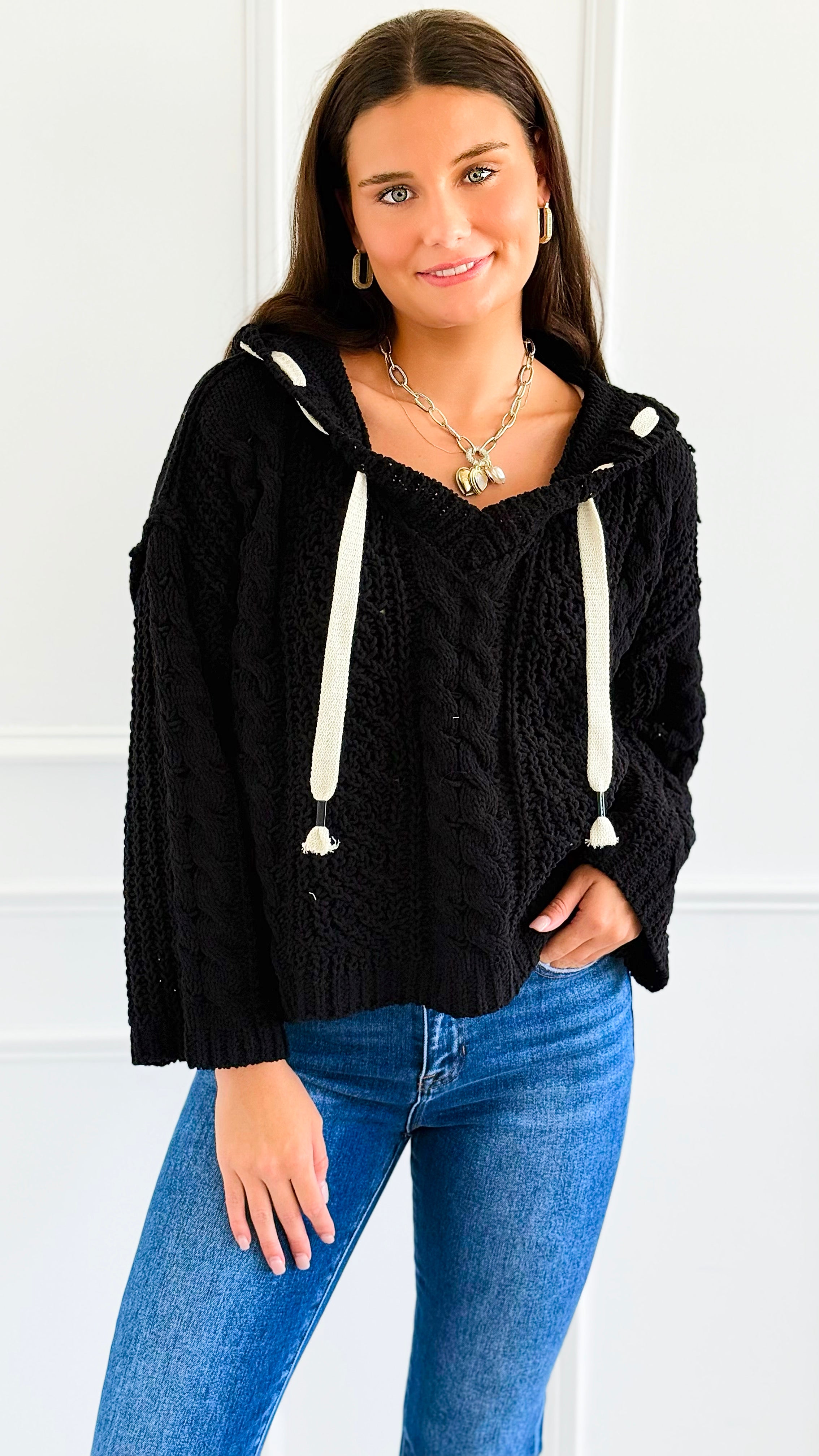Seaside Breeze Hooded Chenille Sweater - Black-140 Sweaters-Zenana-Coastal Bloom Boutique, find the trendiest versions of the popular styles and looks Located in Indialantic, FL