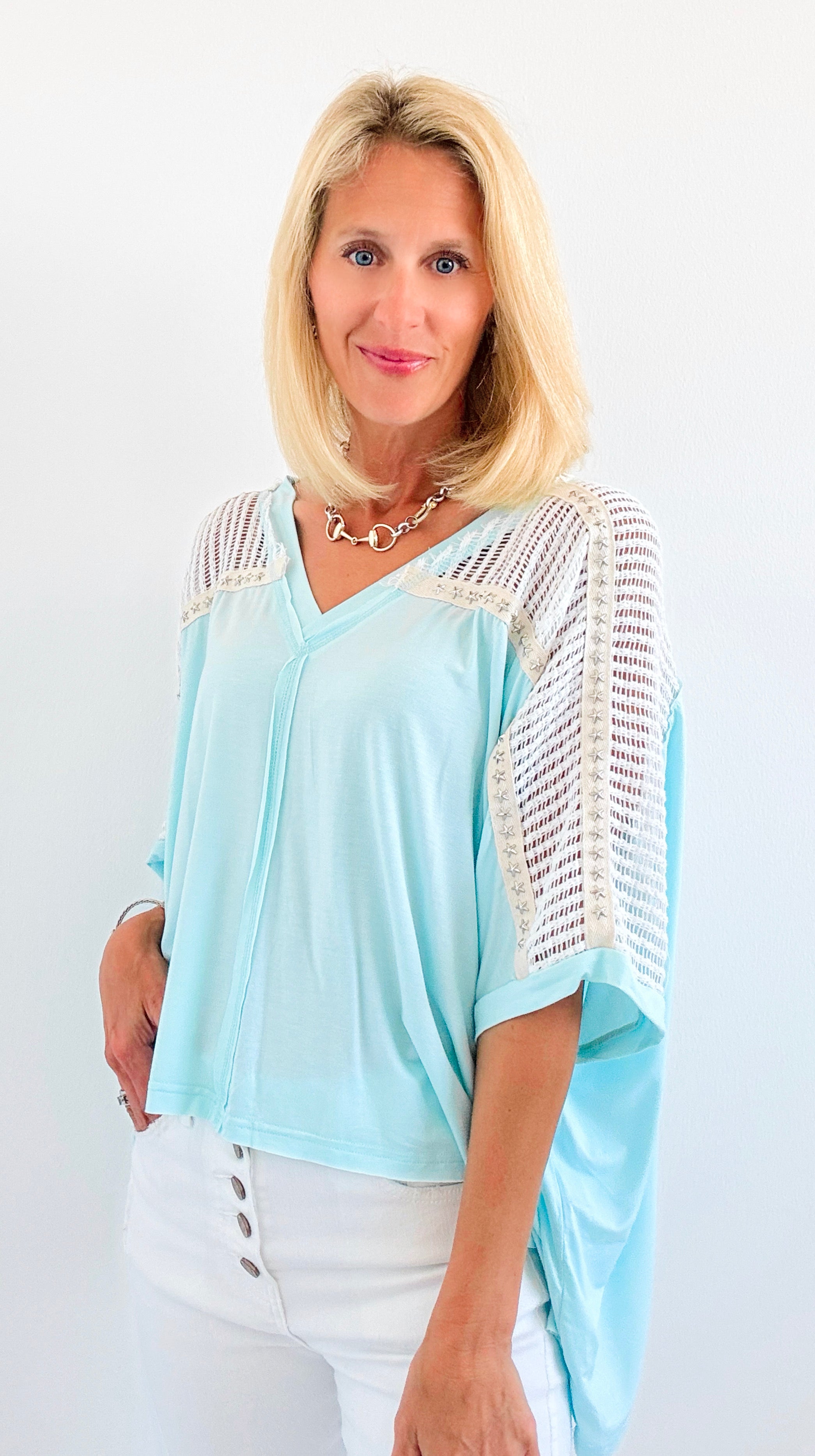 Tropic V-Neck Studded Top - Aqua-110 Long Sleeve Tops-pol-Coastal Bloom Boutique, find the trendiest versions of the popular styles and looks Located in Indialantic, FL