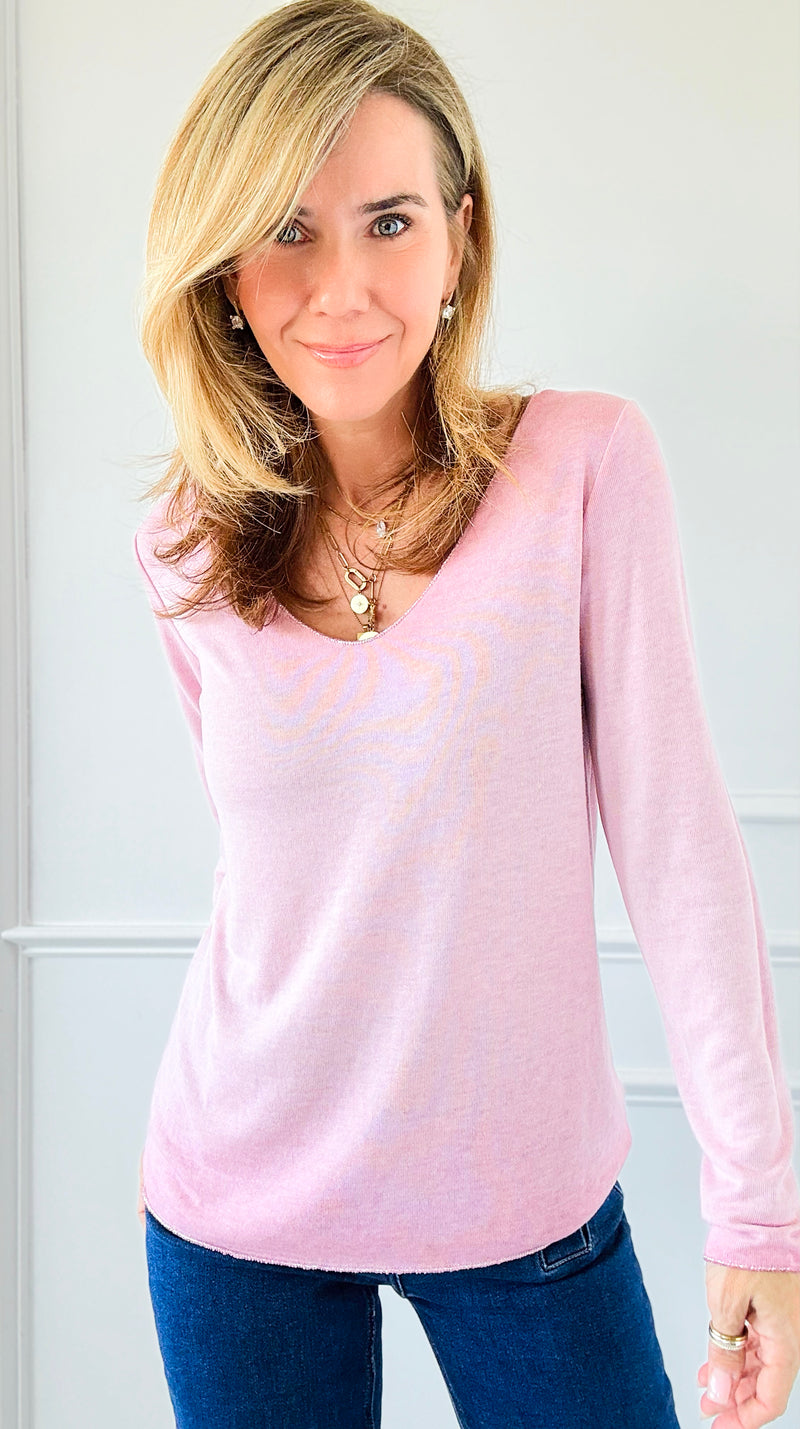 Recoleta Lurex Trim Italian Top - Dusty Rose-130 Long Sleeve Tops-Italianissimo-Coastal Bloom Boutique, find the trendiest versions of the popular styles and looks Located in Indialantic, FL