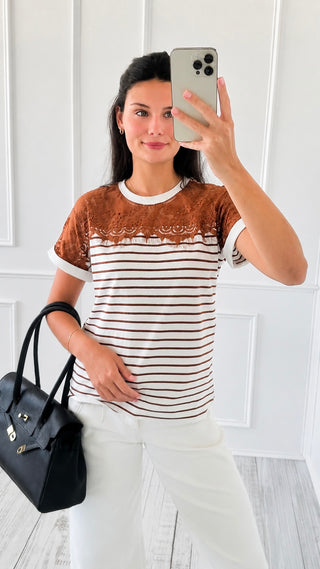 Lace Stripe Top - Coffee