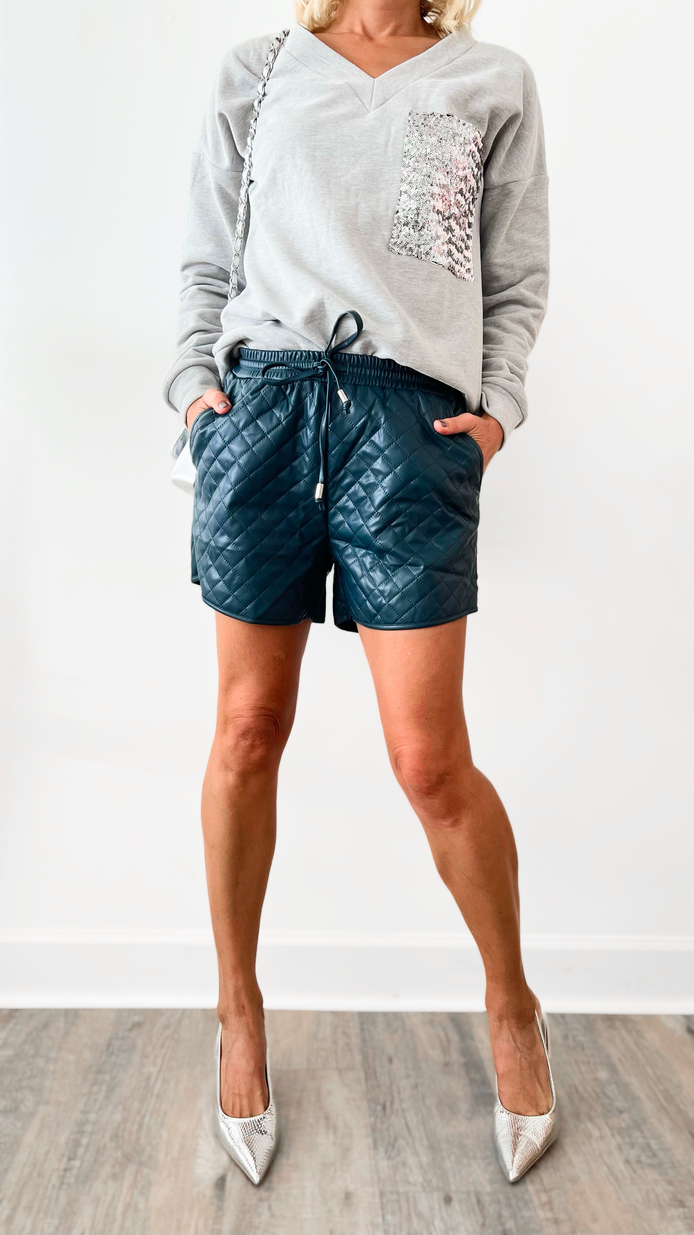 Faux Leather Quilted Shorts - Peacock-170 Bottoms-GIGIO-Coastal Bloom Boutique, find the trendiest versions of the popular styles and looks Located in Indialantic, FL