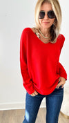 Soho Italian V-Neck Pullover - Red-140 Sweaters-Italianissimo-Coastal Bloom Boutique, find the trendiest versions of the popular styles and looks Located in Indialantic, FL