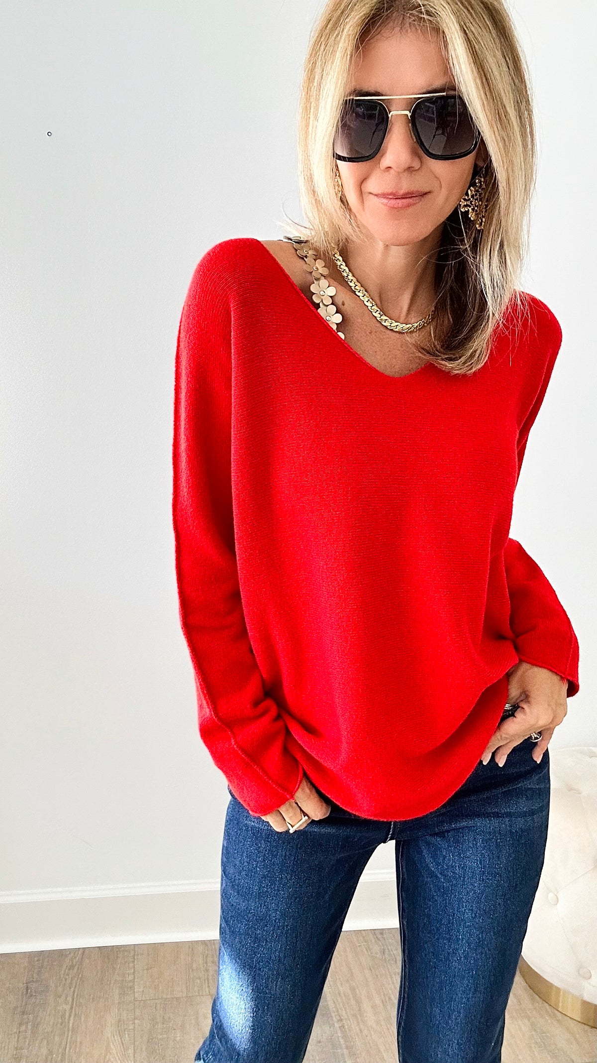 Soho Italian V-Neck Pullover - Red-140 Sweaters-Yolly-Coastal Bloom Boutique, find the trendiest versions of the popular styles and looks Located in Indialantic, FL