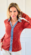 Distressed Denim Trim Button-Up Top - Red-130 Long Sleeve Tops-mystree-Coastal Bloom Boutique, find the trendiest versions of the popular styles and looks Located in Indialantic, FL