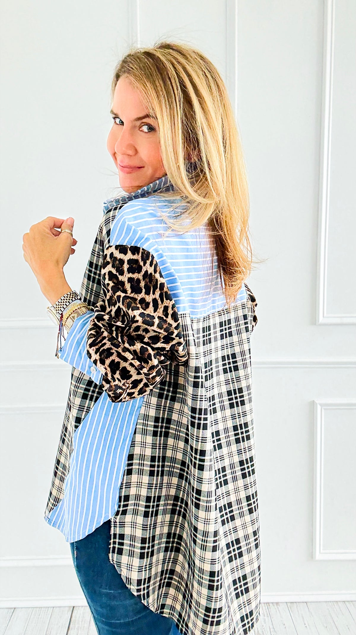 Plaid Instinct Italian Button Down Blouse-110 Long Sleeve Tops-TATTOO Z-Coastal Bloom Boutique, find the trendiest versions of the popular styles and looks Located in Indialantic, FL