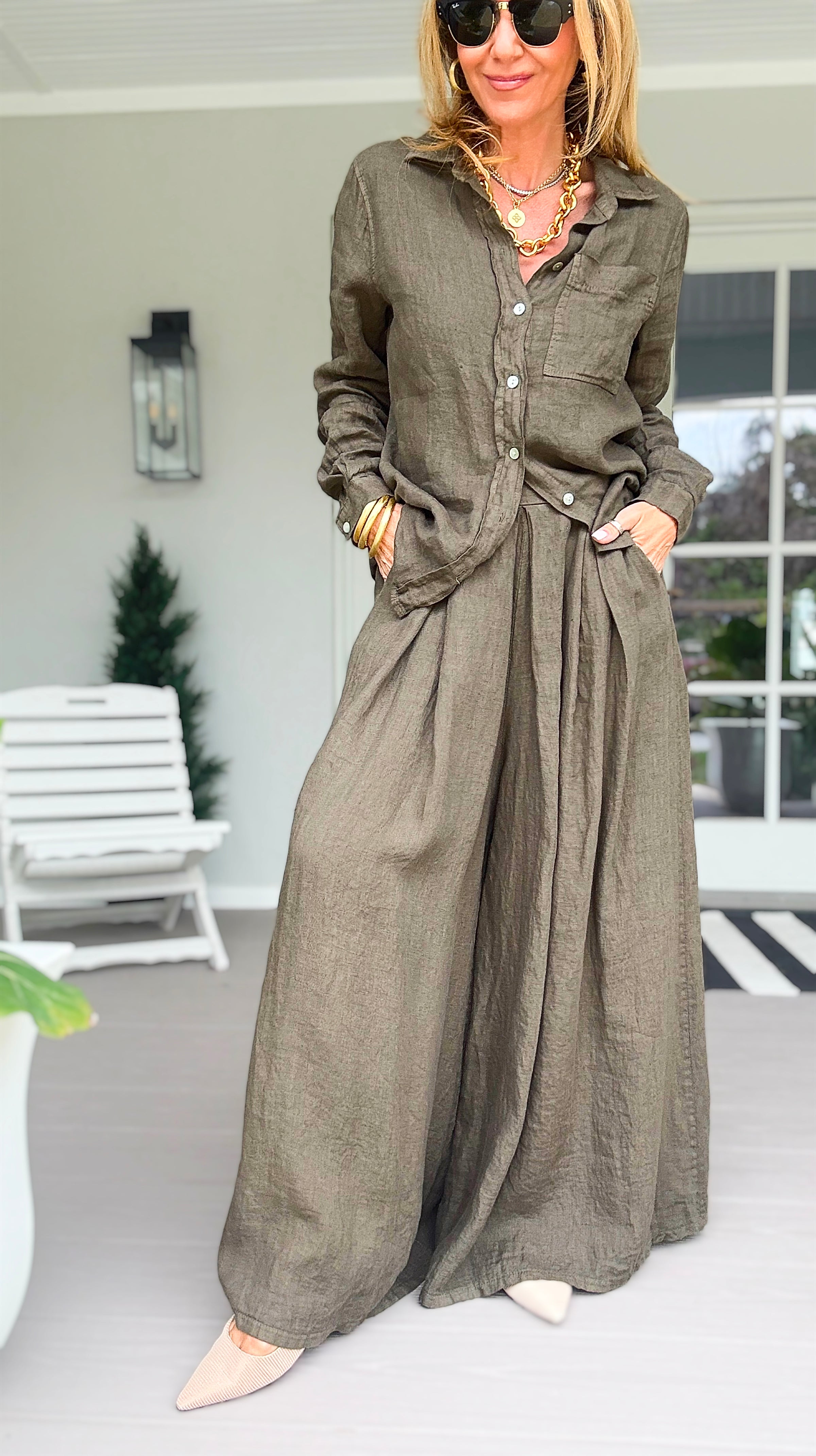 The Finley Linen Italian Pant- Army Green