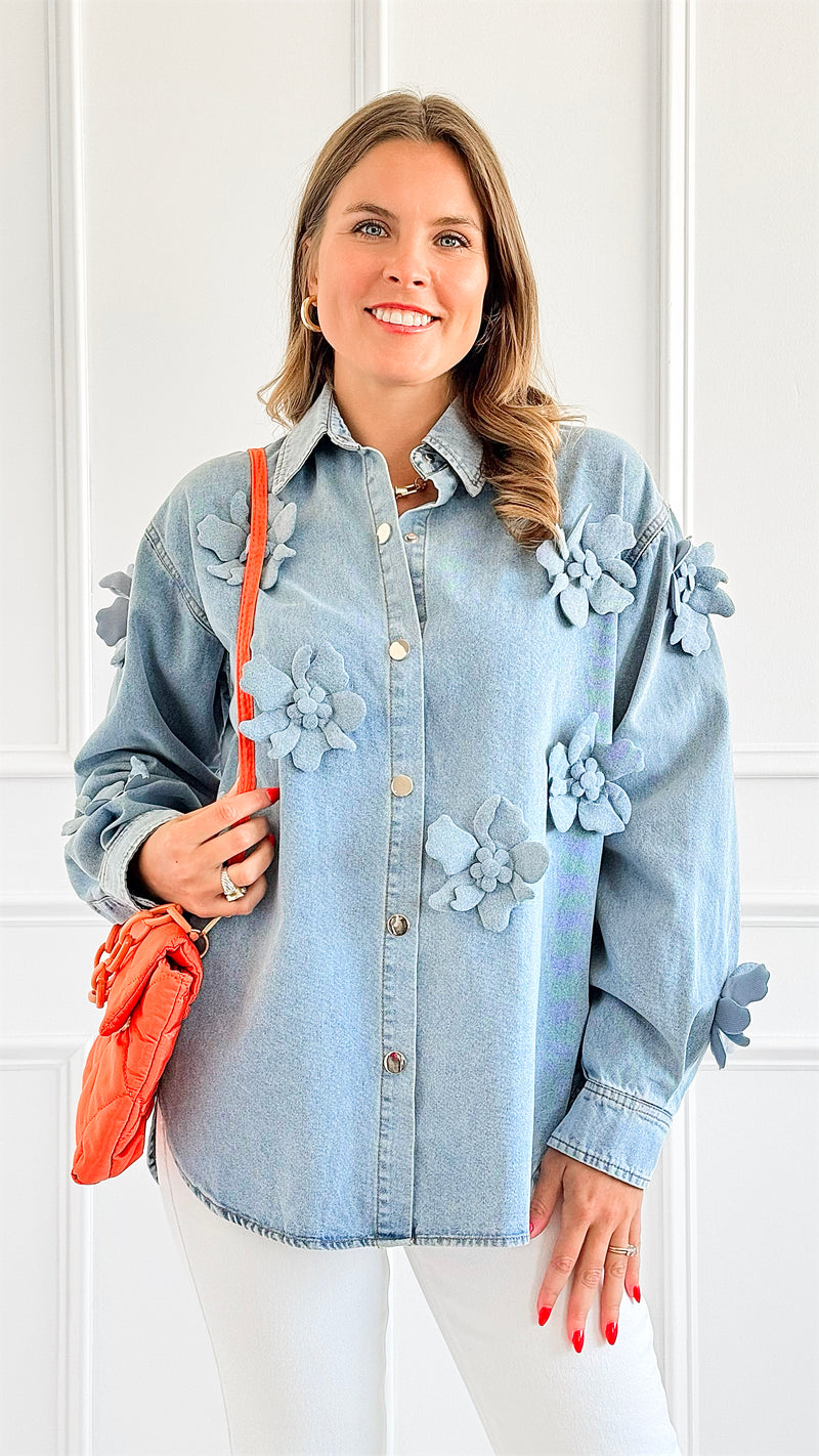 Blossom Denim Button-Down Top-130 Long Sleeve Tops-La' Ros-Coastal Bloom Boutique, find the trendiest versions of the popular styles and looks Located in Indialantic, FL