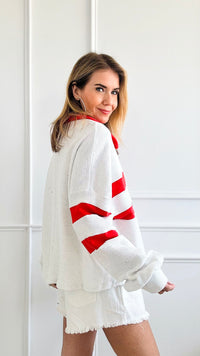 Striped Collared Neck Top - Red-130 Long Sleeve Tops-BucketList-Coastal Bloom Boutique, find the trendiest versions of the popular styles and looks Located in Indialantic, FL
