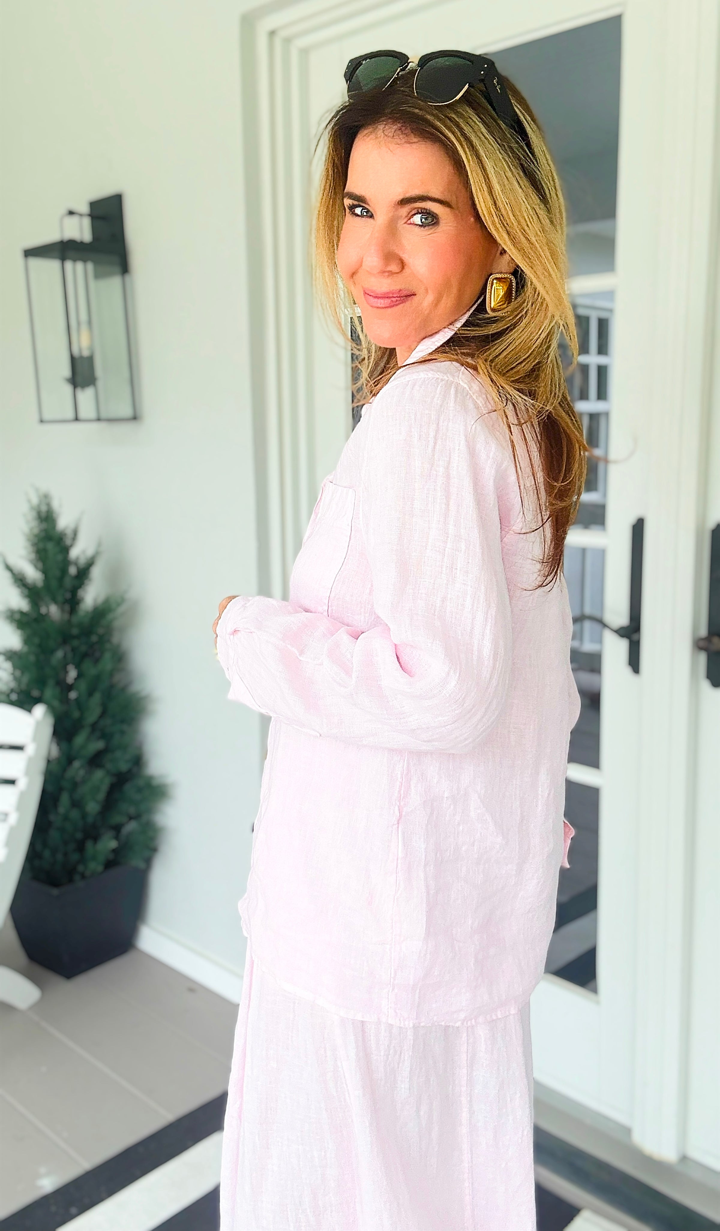 Tuscany Linen Italian Button Top- Light Pink