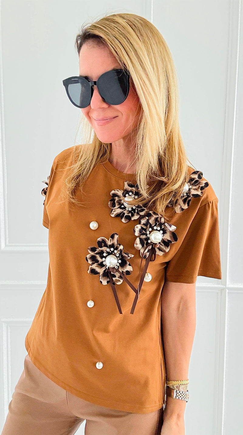 Embellished Floral Appliqué Tee-110 short Sleeve Top-PASTEL DESIGN-Coastal Bloom Boutique, find the trendiest versions of the popular styles and looks Located in Indialantic, FL