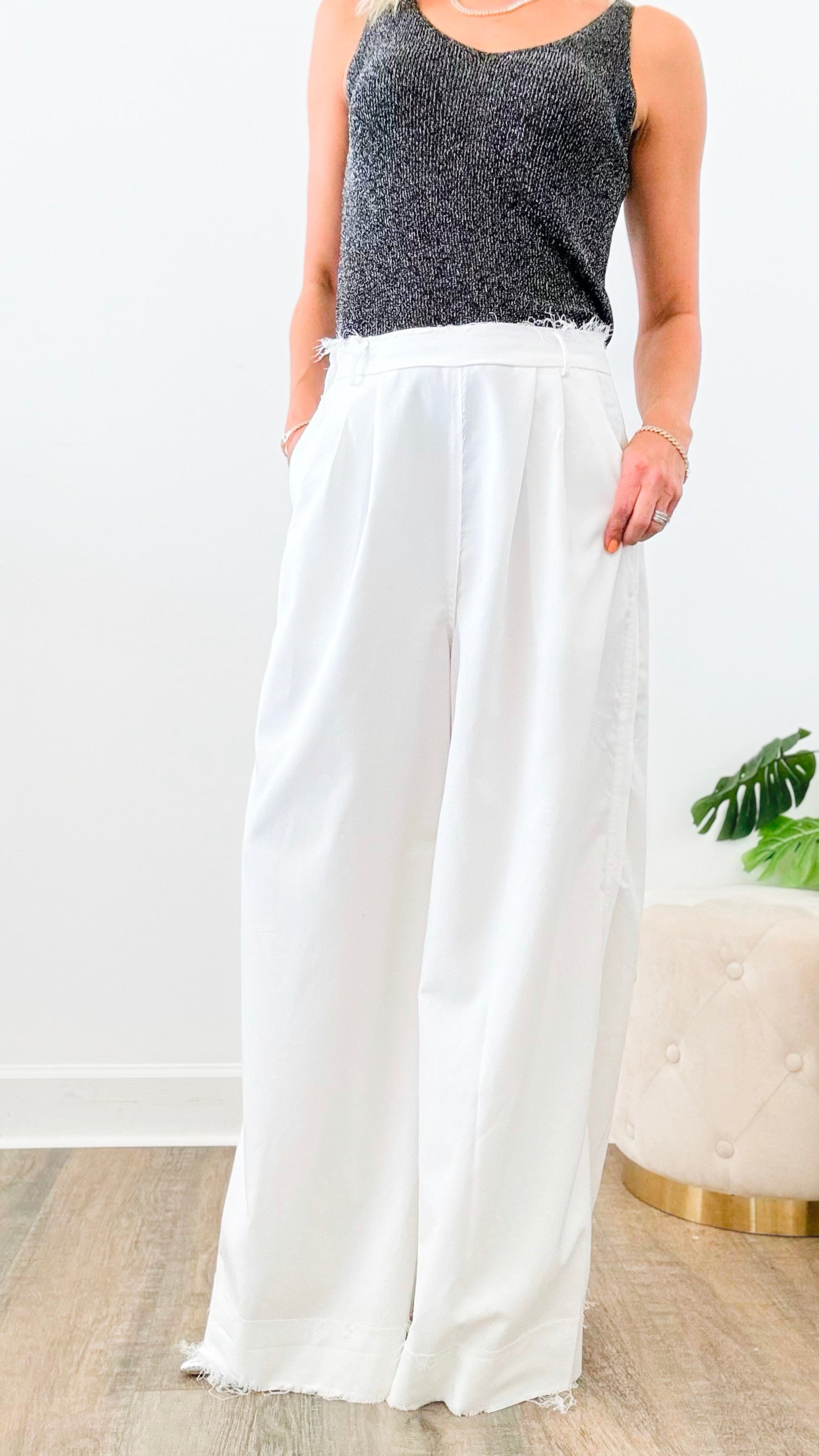 Raw Edge Wide Leg Pants - Ivory-170 Bottoms-Vocal-Coastal Bloom Boutique, find the trendiest versions of the popular styles and looks Located in Indialantic, FL