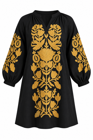 Botanical Embroidered V-Neck Dress