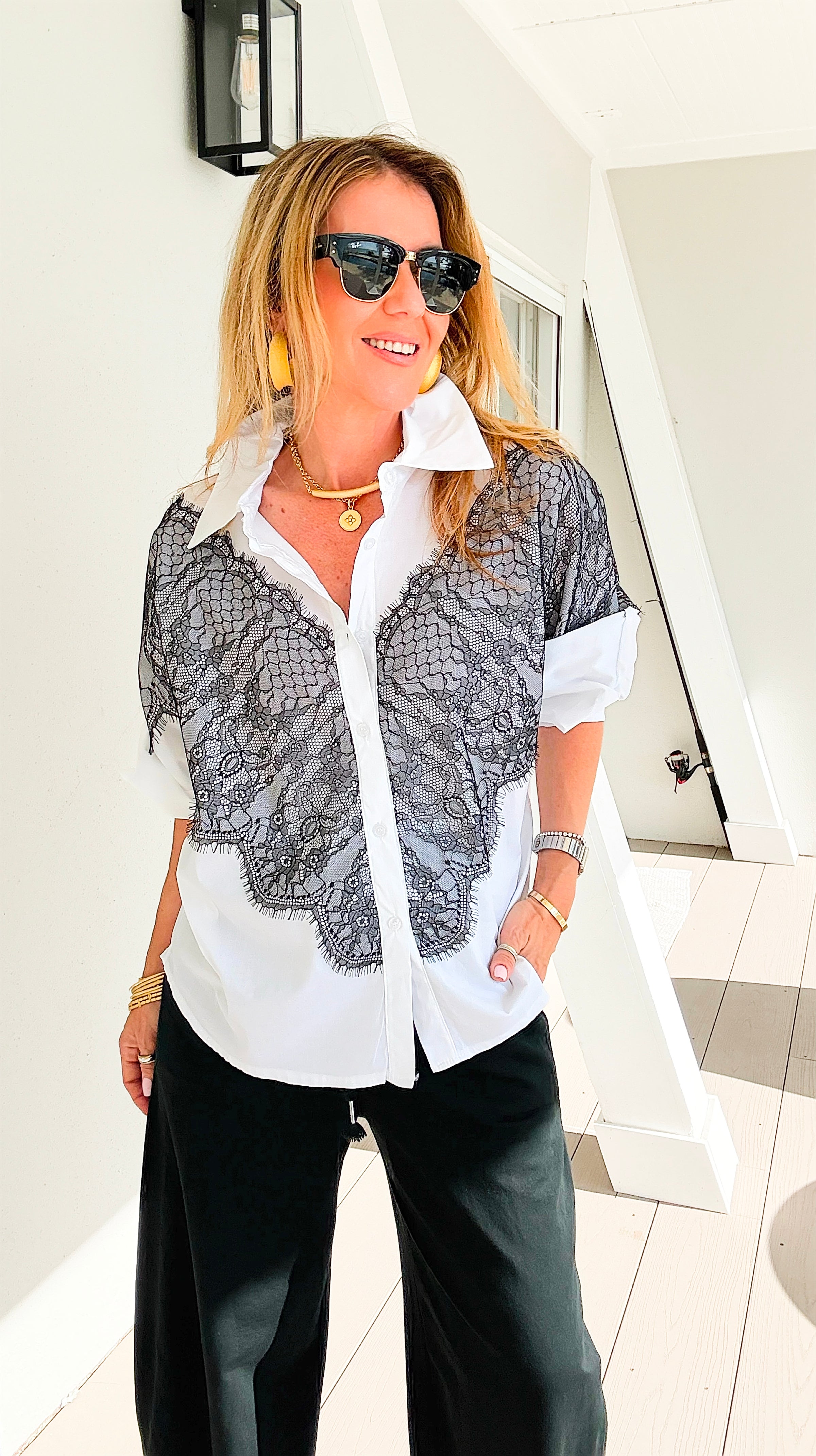 Femme Icon Lace Contrast Italian Button Top