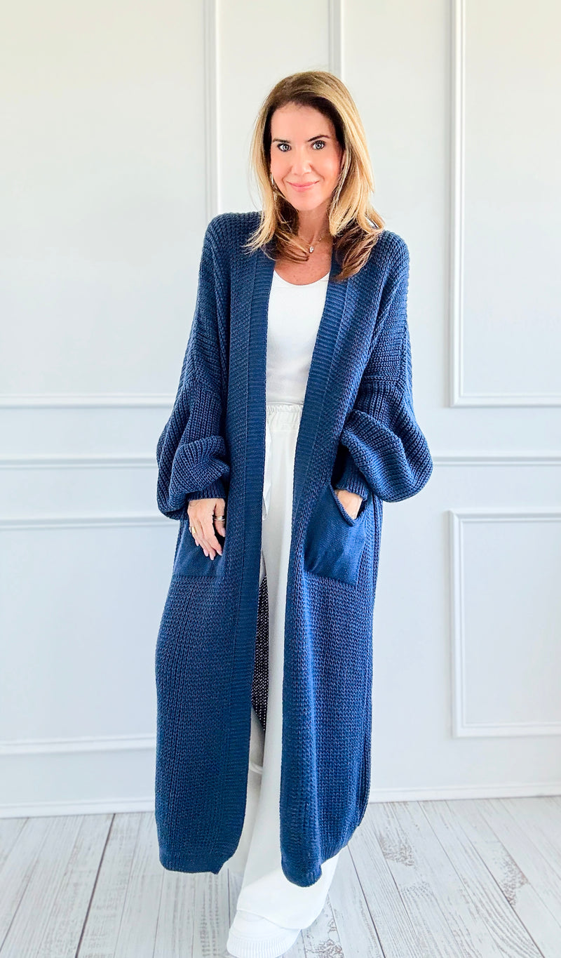 Sugar High Long Italian Cardigan- Denim Blue-150 Cardigans/Layers-Italianissimo-Coastal Bloom Boutique, find the trendiest versions of the popular styles and looks Located in Indialantic, FL