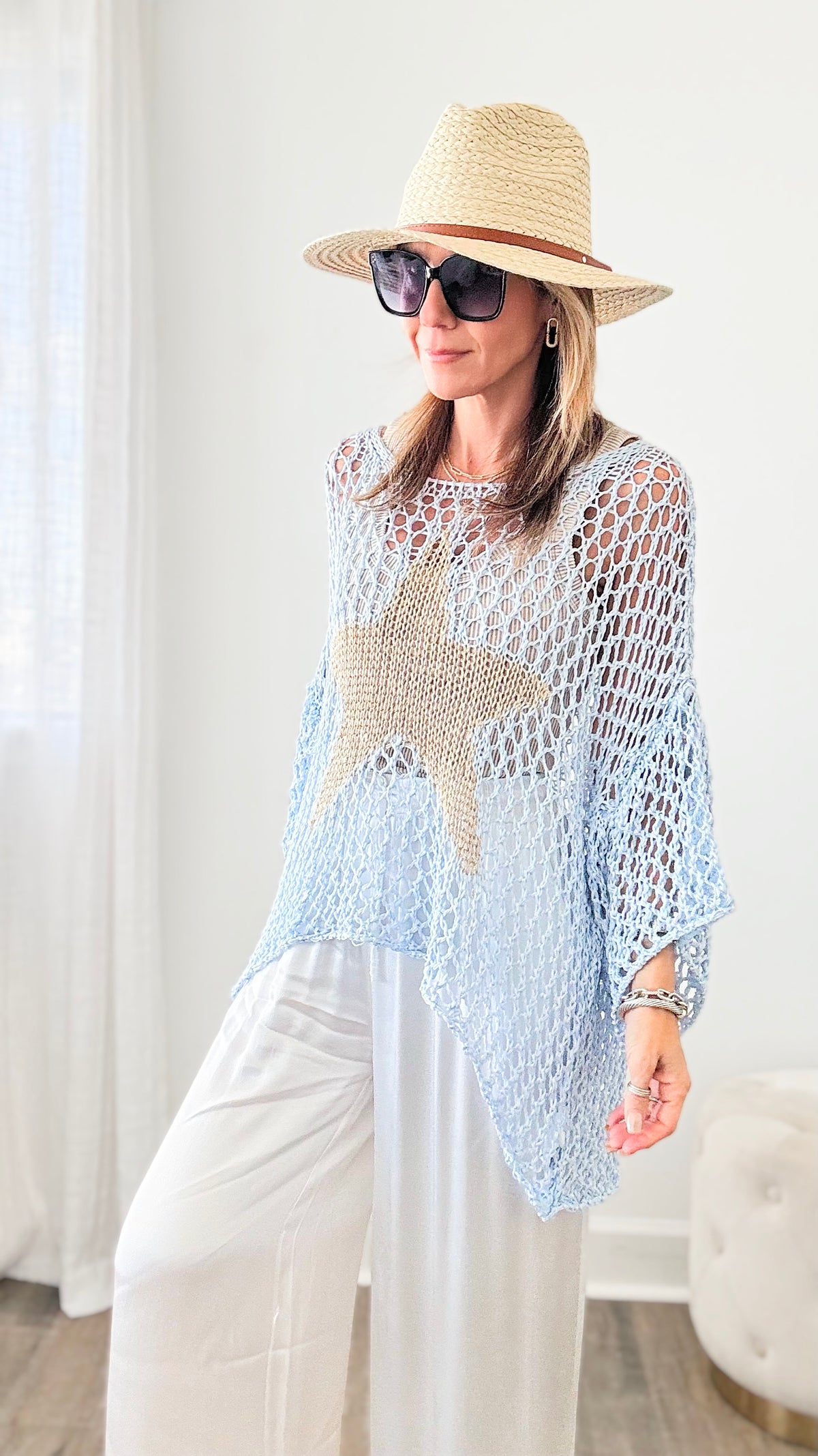 Shining Star Italian Chain Sweater - Powder Blue/ Gold-140 Sweaters-Italianissimo-Coastal Bloom Boutique, find the trendiest versions of the popular styles and looks Located in Indialantic, FL