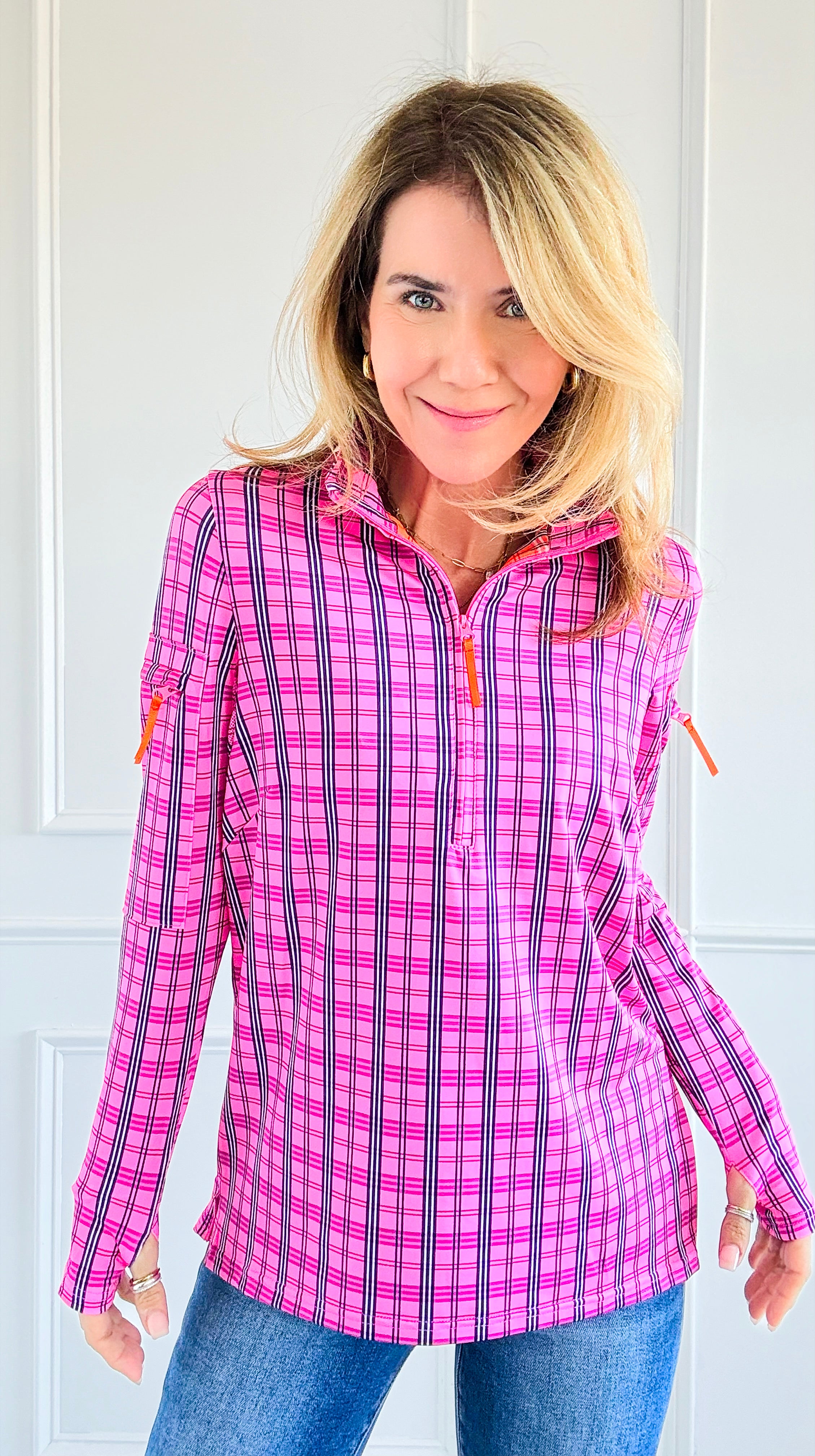 Pre Order- Plaid Allure Zip-Up Top-110 Long Sleeve Tops-Gretchen Scott-Coastal Bloom Boutique, find the trendiest versions of the popular styles and looks Located in Indialantic, FL